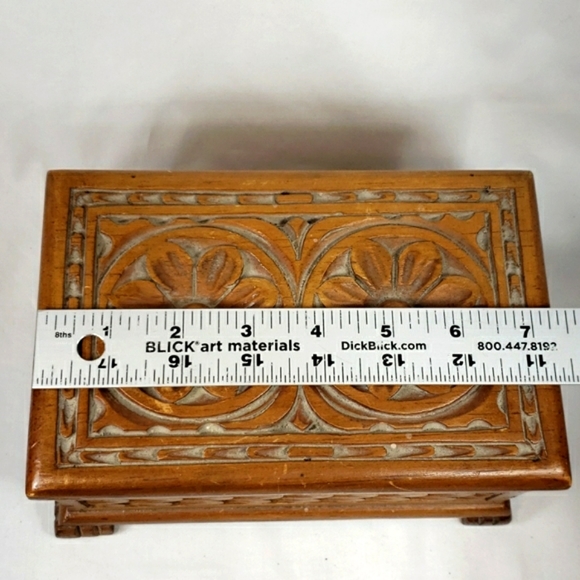 Antique Handmade Carved Wood Jewelry Box/Trinket Box w/Floral Design  - Picture 12 of 13
